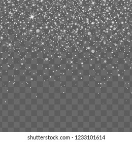 Christmas background with falling snow on transparent background. Shine winter holiday pattern. Vector illustration 