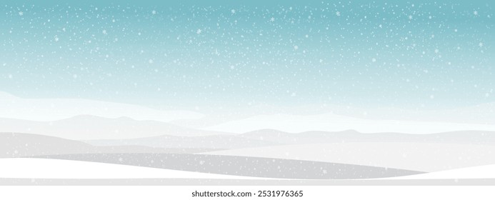 Christmas background with falling snow on wavy mountains landscape,Falling Snow flakes against blue sky,Vector Banner Cartoon Horizon Beautiful Natural Scenery for New Year Greeting card 2025