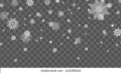Christmas background with falling snow. Snowflake on transparent background. Winter holiday pattern. Vector illustration 