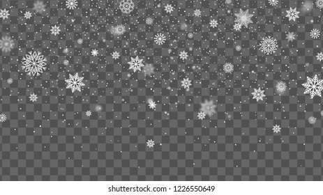 Christmas background with falling snow. Snowflake on transparent background. Winter holiday pattern. Vector illustration