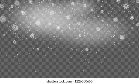 Christmas background with falling snow. Snowflake on transparent background. Winter holiday pattern. Vector illustration