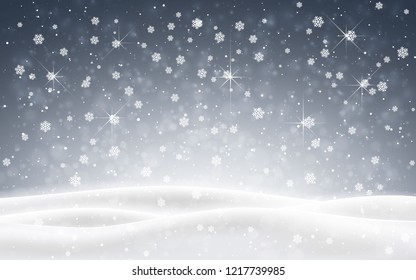 Christmas background of falling snow. Winter night. Xmas card design vector illustration.