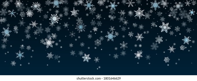 Christmas background of falling snowflakes in dark blue colors