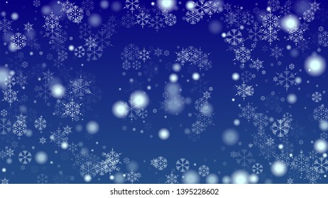 Christmas Background with Falling Snowflakes.  Element of Design with Snow for a Postcard, Invitation Card, Banner, Flyer.  Vector Falling Snowflakes on a Blue Winter Background
