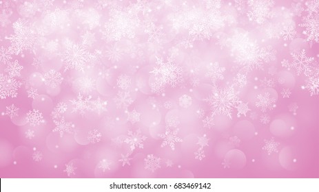 Christmas background of falling snowflakes in pink colors with bokeh effect
