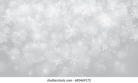 Christmas background of falling snowflakes in white colors with bokeh effect
