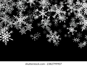 Christmas background with falling snowflakes. Winter holiday background or frame with pattern of layered snow.