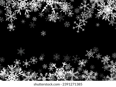 Fondo de Navidad con copos de nieve cayendo. Fondo de vacaciones de invierno o marco con patrón de nieve en capas.