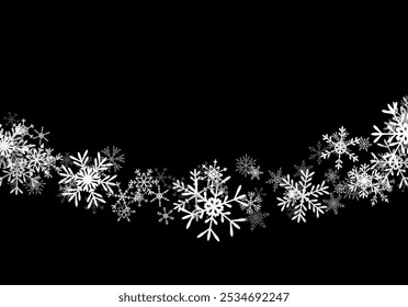 Weihnachtlicher Hintergrund mit fallenden Schneeflocken. Winterurlaub Hintergrund oder Rahmen mit Muster aus geschichtetem Schnee.
