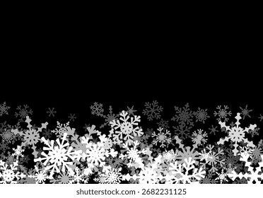 Christmas background with falling snowflakes. Winter holiday background or frame with pattern of layered snow.