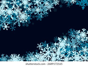 Weihnachtlicher Hintergrund mit fallenden Schneeflocken. Winterurlaub Hintergrund oder Rahmen mit Muster aus geschichtetem Schnee.