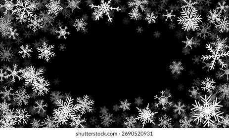 Christmas background with falling snowflakes. Winter holiday background or frame with pattern of holiday snow.