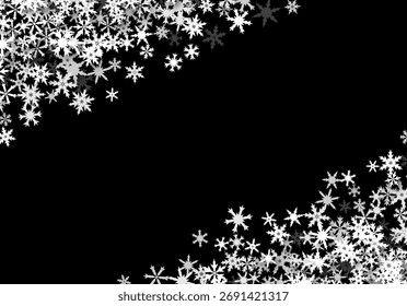 Christmas background with falling snowflakes. Winter holiday background or frame with pattern of layered snow.