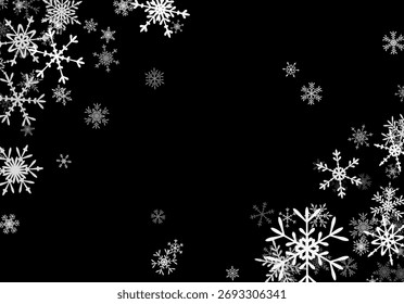 Christmas background with falling snowflakes. Winter holiday background or frame with pattern of layered snow.