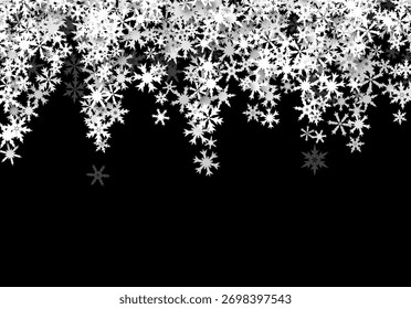 Christmas background with falling snowflakes. Winter holiday background or frame with pattern of layered snow.