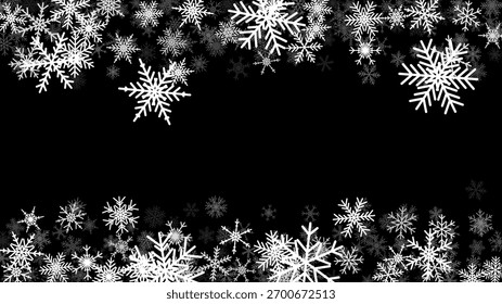 Christmas background with falling snowflakes. Winter holiday background or frame with pattern of holiday snow.