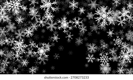 Christmas background with falling snowflakes. Winter holiday background or frame with pattern of holiday snow.