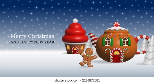 christmas background with fantasy landscape. christmas landscape with cupcake and teapot shaped houses and gingerbread man