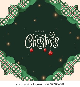 Christmas background featuring elegant typography, geometric pattern elements, hanging ornaments and glowing stars on dark green holiday backdrop for seasonal greeting and celebration design