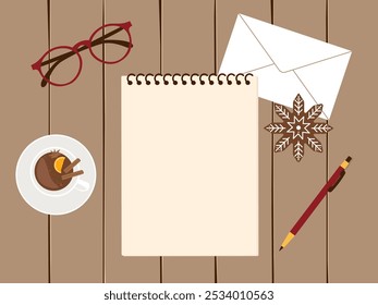 Christmas background featuring top view of notebook on table with copy space for text. Vector illustration for holiday designs, festive notes, and seasonal promotional content