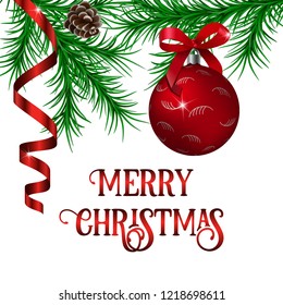 Christmas background with festive decoration. fir branch, cone, garland, metallic ribbon, christmas red ball, text Merry Christmas. template, print, postcard, web greeting card vector illustration