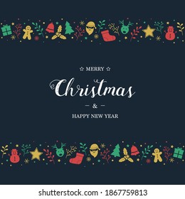 Christmas background with festive decorations and wishes. Design of Xmas greeting card. Vector