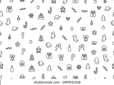 Christmas background with festive decorative elements, design in outline styles. Xmas backdrop black and white vector illustration