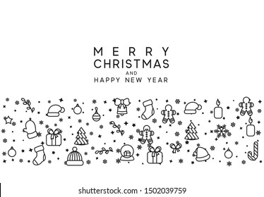 Christmas background with festive decorative elements, design in outline styles. Xmas backdrop black and white vector illustration