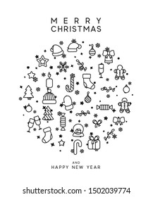 Christmas background with festive decorative elements, design in outline styles. Xmas backdrop black and white vector illustration