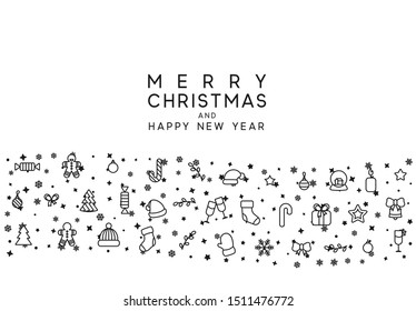 Christmas background with festive decorative elements, design in outline styles. Xmas backdrop black and white vector illustration