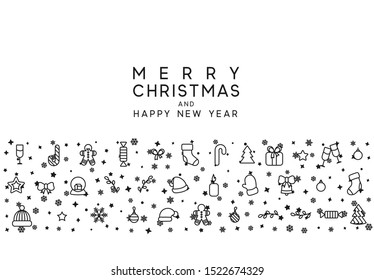 Christmas background with festive decorative elements, design in outline styles. Xmas backdrop black and white vector illustration