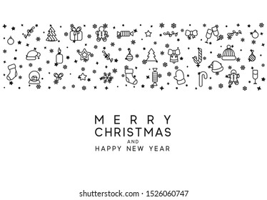 Christmas background with festive decorative elements, design in outline styles. Xmas backdrop black and white vector illustration