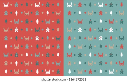 Christmas background. Festive design for packaging paper, posters, cards, banners. Carnival mask, cookie man, Christmas tree. Vector illustration