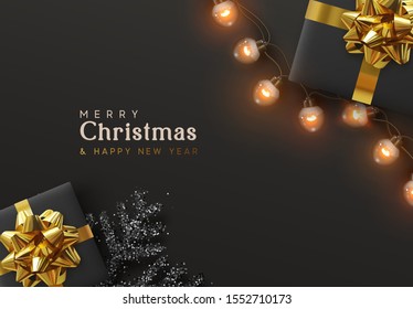 Christmas Background. Festive design of sparkling lights garland, realistic black gifts box, glitter silver snowflake. Xmas poster, banner, greeting cards. New Year's composition with gift present