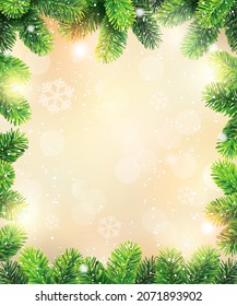 Christmas background with festive golden lights and spruce border. Vector illustration. 