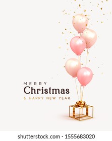 Christmas background. Festive background with helium balloons, gift box. Poster, banner happy anniversary. Realistic decorative design elements. Vector 3d object ballon with ribbon, pink, coral color.