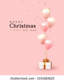 Christmas background. Festive background with helium balloons, gift box. Poster, banner happy anniversary. Realistic decorative design elements. Vector 3d object ballon with ribbon, pink, coral color.