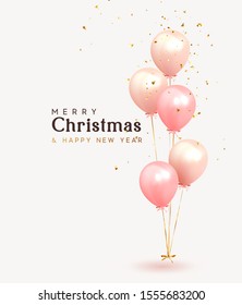 Christmas background. Festive background with helium balloons. Poster, banner happy anniversary. Realistic decorative design elements. Vector 3d object ballon with ribbon, pink and coral color.