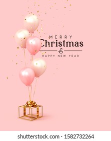 Christmas background. Festive background with helium balloons, gift box. Poster, banner happy anniversary. Realistic decorative design elements. Vector 3d object ballon with ribbon, pink, coral color.