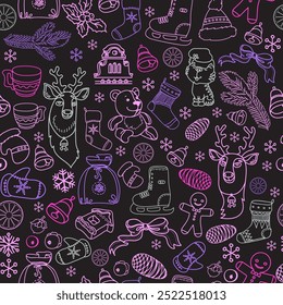 Navidades de fondo. Patrón lineal festivo sin fisuras con decoraciones de Navidad y juguetes. Vacaciones de invierno de fondo de Año Nuevo. Manoplas dibujadas a mano, campanas, patines, estrellas, regalos. Vector sin fin.