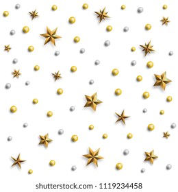 Christmas background. Festive pattern made of gold stars and pearls. Realistic vector illustration.