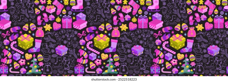 Christmas background. Festive seamless pattern with Christmas decorations and toys. Winter holidays New Year background. Hand drawn bells, skates, stars, gifts, snowflakes. Doodle endless vector.