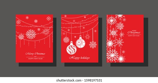 Christmas background with festive symbols decorative red hanging balls snowflakes garlands on red background in flat style.    Vector design for your greeting cards banners flyers posters.