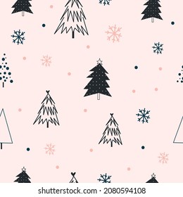 Christmas background festive trees pattern in doodle design in pink 