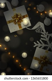 Christmas background. Festive xmas composition of decorative elements. Creative design greeting card, banner, web poster. Top view of gift box, decoration string lights garlands, balls and snowflakes.
