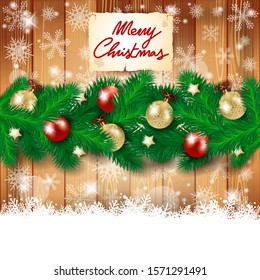 Christmas background with fir, baubles, copy space and text. Vector illustration eps10