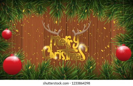 Christmas background or fir border with fir branches, isolated on wood background and golden confetti. Vector illustration.