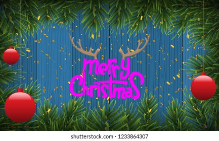 Christmas background or fir border with fir branches, isolated on wood background and golden confetti. Vector illustration.