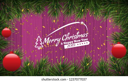 Christmas background or fir border with fir branches, isolated on wood background and golden confetti. Vector illustration.