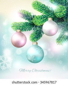 Christmas background with fir branch and balls. Vector illustration.